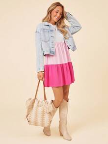 Coeurva Vestido informal de mujer con parches tejidos, cuello redondo, manga corta y bloque de color para primavera/verano - Rosa - Ver 5
