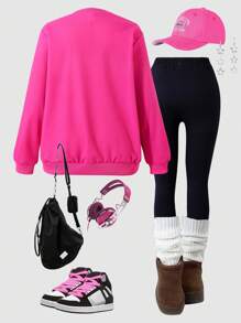 Sparklyn Tween Girl 嘻哈图案印花卫衣和彩色月亮印花裤套装，适合街头风格 - 玫紅色 - 查看 2