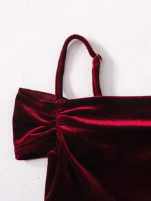 Váy nhung trễ vai thanh lịch, giản dị cho bé gái tuổi mới lớn, có dây buộc eo, viền xếp nếp, váy chắp vá, thích hợp cho các dịp trở lại trường, tiệc tùng, Halloween, Giáng sinh, thường ngày và trang trọng - Màu Đỏ Sâu - Xem 4