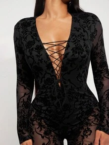 Radiana 性感黑色复古宫廷风花卉植绒透视网眼紧身衣，哥特式修身长袖连体裤，适合秋冬季派对、聚会、夜总会、万圣节、狂欢节 - 黑色 - 查看 7