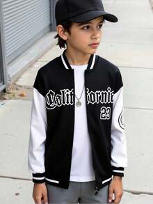 SHEIN Tween Boys' Black Autumn Smart Back-To-School Baseball Collar Jacket,Letter Print Patchwork Contrast Sleeve Loose Open Front Jacket For School,Sports - Black and White - View 1