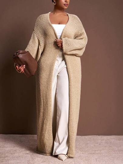 Veslaya Plus Size Women's Solid Color Drop Shoulder Long Sleeve Long Casual Knit Cardigan Plus Size Cardigan Long Cardigan Chunky Knit Cardigan Beige Cardigan Brown Cardigan In Fall/Winter