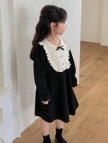 DAZY 韩版撞色蝴蝶结荷叶边长袖圆领中长款女童生日派对毛衣连衣裙 - 黑色 - 查看 1