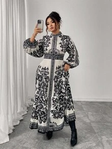 Elenzga فستان طويل مطوي واسع للنساء كبيرات الحجم، باللونين الأسود والمشمشي، بياقة دائرية، خصر مشدود، مخفف للحجم، بأكمام طويلة، بطبعة البيزلي، مناسب لحفلات الشاي بعد الظهر والارتداء اليومي - متعدد الألوان - مشاهدة 5