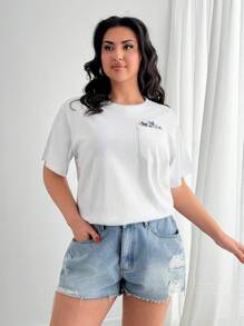EURMUSE Áo phông 100% Cotton thêu hoa, cổ tròn, chi tiết túi - trắng - Xem 4