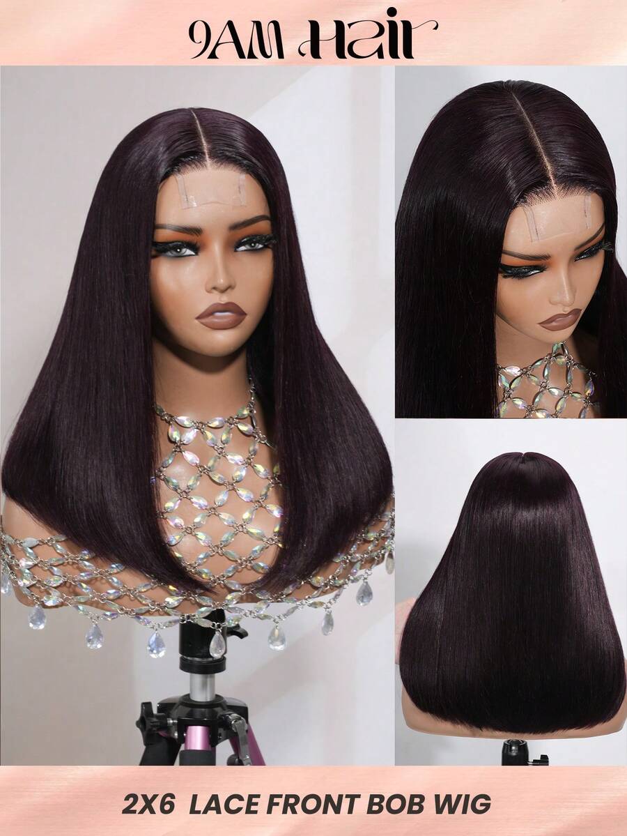 99jA Burgundy 2x6 Bob Wig 100% Human Hair Lace Front 180% Density Short Straight Transparent Lace Pre Plucked Baby Hair Install Adjustable Straps Breathable Cap Heat Resistant For Women - 99JA - View 1