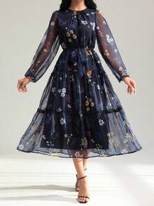 Modelyn Women's Elegant Floral Print Ruffle Hem Flowy Mid-Length Dress