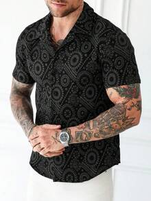 Manfinity Homme Áo sơ mi tay ngắn cài nút Jacquard dành cho kỳ nghỉ hè dành cho nam - màu đen - Xem 4