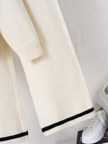 Sparklyn 2pcs/Set Teenage Girls Casual Sweater Set, Black Letter Graphic Decor V-Neck Regular Sleeve White Knit Cardigan Top And White Wide Leg Pants Set, Comfortable Fitted Casual Fashion For Spring/Autumn Daily Wear Girls Knit Set Girl Knit Set Girls Sweater Sets Teen School Clothes 2 Piece Set Preppy Two Piece Set Fall Winter - Beige - View 3