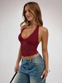 SHEIN BAE Halter Neck Stretch Sexy Cute Lace Summer For Women Boho Open Back Top,Concert Women,Streetwear For Women,Rave - Burgundy - View 7