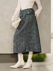 Uhlyne 女士极简复古人字纹深绿色金属纽扣厚款半身裙，秋冬外套，春秋冬三季皆宜，简约风格，适合工作、教师、返校、秋季和商务休闲场合。 - 墨綠色 - 查看 6