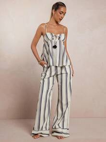 L'Amorae 斜口袋休闲条纹阔腿夏季裤 - 黑與白 - 查看 3