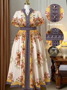 Rometta Váy tay bồng cổ đứng in hoa cỡ lớn cho nữ, đi nghỉ - Màu be - Xem 1