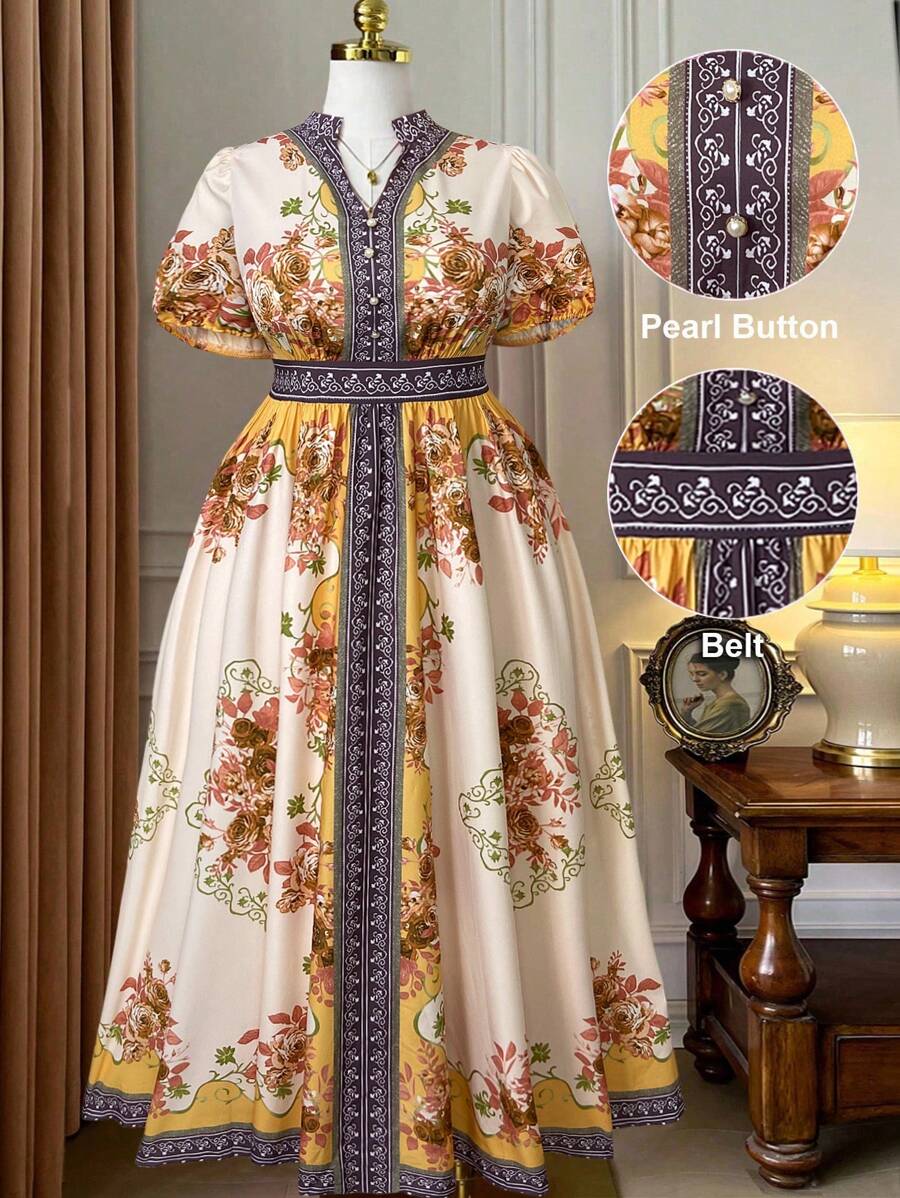 Rometta Váy tay bồng cổ đứng in hoa cỡ lớn cho nữ, đi nghỉ - Màu be - Xem 1