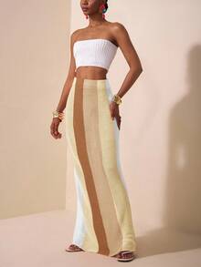 Zivah 2025新款夏季休闲度假日常约会沙滩装欧美街头风辣妹性感抹胸露脐修身针织白背心+长款半身包臀裙橘色卡其色酒红色白条纹毛呢长裙女士毛衣两件套女2件套夏装秋冬 - 彩色 - 查看 4