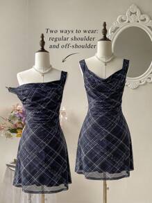 SHEIN MOD A 字型格子迷你连衣裙，可调节领口设计和腰部收紧设计