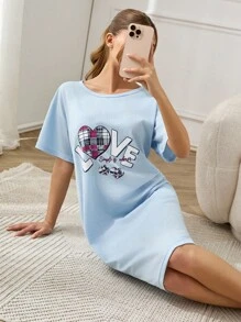 EURMUSE Woımen Contrast Colour Slogan Printed Basic Short Sleeve Sleepdress - Baby Blue - View 4