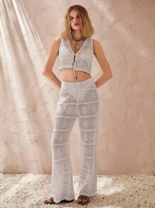SHEIN Cottnline Cut Out Knitted Top And Pants Set, Perfect For Summer Beach Vacation And Casual - Apricot - View 6
