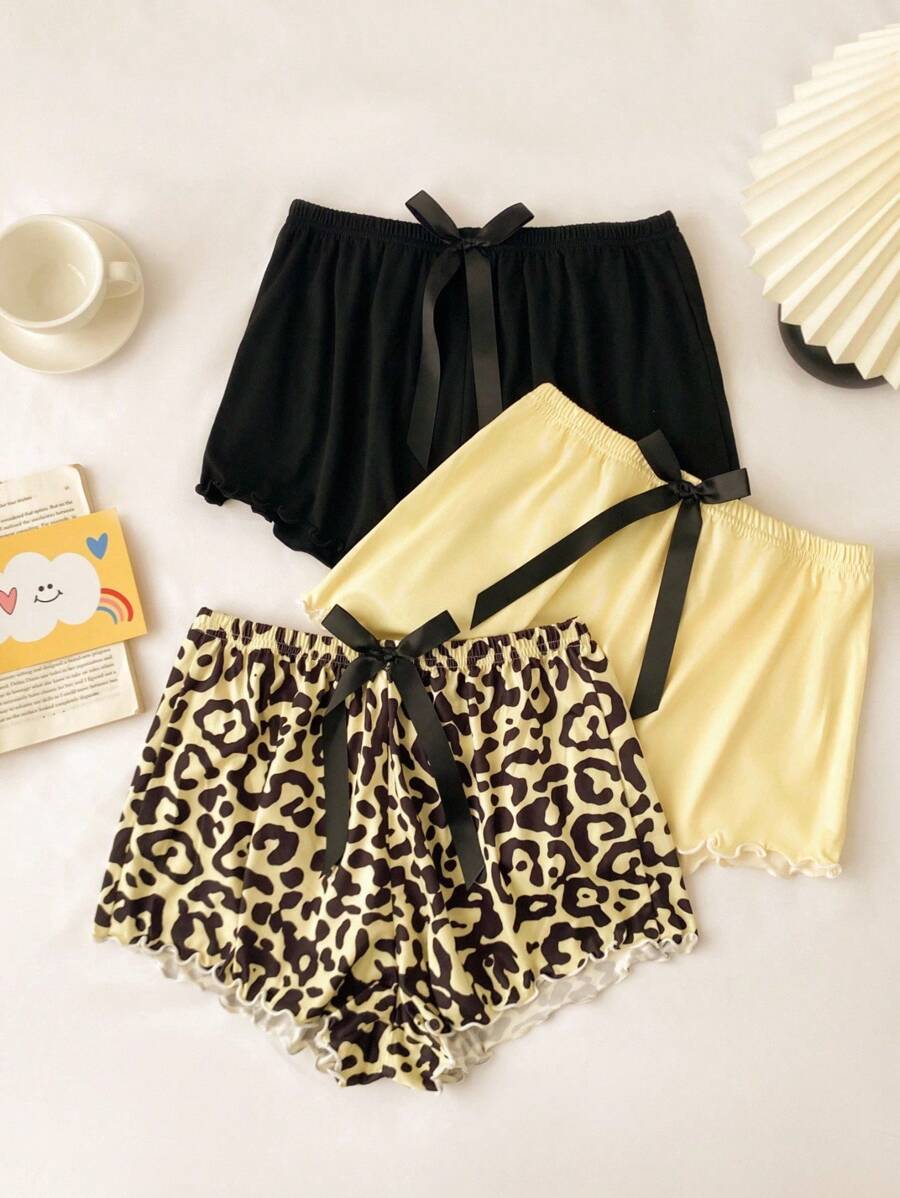 Cute Wide Leg Mini Sleep Shorts With Textured Patterns And Knot Detail In Multicolor 3 Pieces Short Sets Women Leopard Print Shorts Women Short Sets 3pcs Short Sets For Women Ruffle Shorts - Multicolor - View 1