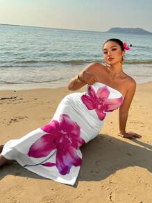 Sunnyshic Plus Size Wrap Style Form-Fitting Printed Dress, Vacation - White - View 3