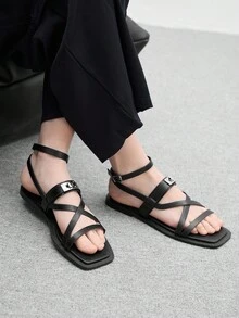 CUCCOO BIZCHIC 女士舒适日常平底凉鞋，方头，细带，金属扣，时尚百搭露趾休闲凉鞋 - 黑色 - 查看 1