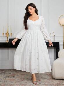 Modelyn Plus Size Women Hollow Embroidered Solid Color Slimming Elegant Dress Fall Cloth For Women - White - View 4