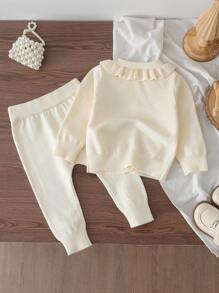 SHEIN 女婴秋冬针织套装 - 甜美法式时尚荷叶边领、开衫和裤子，适合日常/旅行穿着