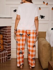 Miss Vinta Plus Size Bow Pumpkin Halloween Plaid Print Short Sleeve Pajama Set - Multicolor - View 2