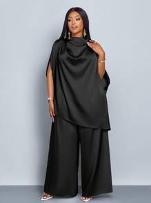 SOLERSUN 女士时尚纯色优雅立领时尚精致蝙蝠袖缎面不对称下摆衬衫和直腿优雅长裤套装 - 黑色 - 查看 4