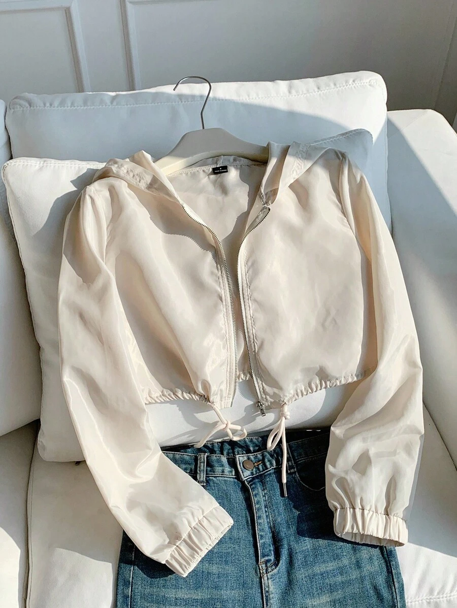 SHEIN EZwear Lightweight Fabric Casual Crop Jacket With Long Regular Sleeves And Hooded Design Hooded Crop Jacket Cream Jacket Zip Up Crop Jacket In Fall/Winter - Apricot - View 1