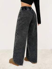 SHEIN PETITE 女士秋冬保暖内衬宽松弹力腰黑色牛仔裤，外出冬季保暖保暖内衬黑色直筒牛仔裤 - 黑色 - 查看 5