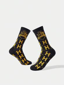 HARRY POTTER X SHEIN 1双女士舒适字母图案中筒袜 - 黑色 - 查看 4