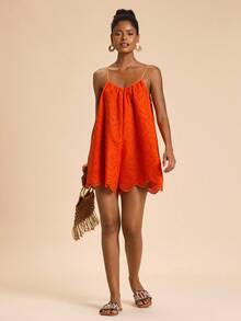 Travachic Mono holgado de unicolor bordado, estilo casual para vacaciones para mujeres