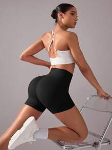 Easithlete 女士无缝高弹力交叉腰瑜伽短裤 - 黑色 - 查看 8