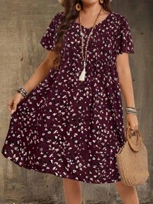 EMERY ROSE Đầm thường ngày tay ngắn cổ chữ V cỡ lớn, trang phục du lịch đồng quê cho nữ, đơn giản và thời trang để mặc hàng ngày, áo mùa hè cho nữ, trang phục mùa hè cho nữ - Đỏ - Xem 6
