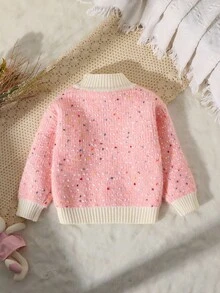 SHEIN Cárdigan de punto de manga larga con cuello redondo, color rosa con contraste blanco, cálido para niñas - Rosa - Ver 2