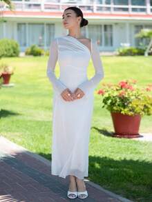 Andrea Bello 女士纯色网眼拼布不对称领长袖优雅婚礼连衣裙 - 白色 - 查看 1