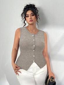 Elenzga Blusa casual de talla grande para mujer, de un solo pecho, de unicolor y acanalada - Albaricoque - Ver 4