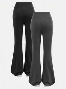 Girlism 2pcs Tween Girl Solid Color Asymmetric Waist Flare Pants Set, Back To School, Fall, Winter - Multicolor - View 13