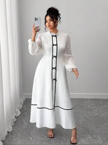 Elenzga Váy voan cổ cao tay dài đính nơ ruy băng thanh lịch - trắng - Xem 5