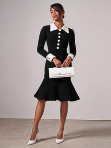 COSMINA 女士优雅拼色鱼尾中长连衣裙，秋冬 - 黑與白 - 查看 3