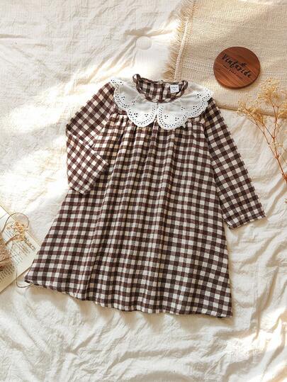 Vintaside Kids 少女格子连衣裙田园风优雅淑女长袖亚麻连衣裙百搭百搭系列适合春秋过渡季节