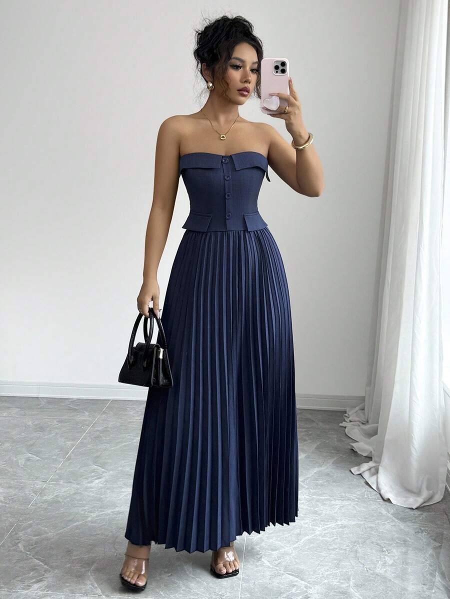 SHEIN Clasi Vestido de mujer de solapa elegante de una hilera con cintura ceñida y bolsillos, diseño minimalista, falda acampanada de talle alto, elástico, adecuado para el trabajo y el transporte, otoño/invierno - Azul Marino - Ver 1