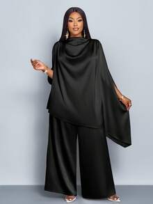 SOLERSUN 女士时尚纯色优雅立领时尚精致蝙蝠袖缎面不对称下摆衬衫和直腿优雅长裤套装 - 黑色 - 查看 6