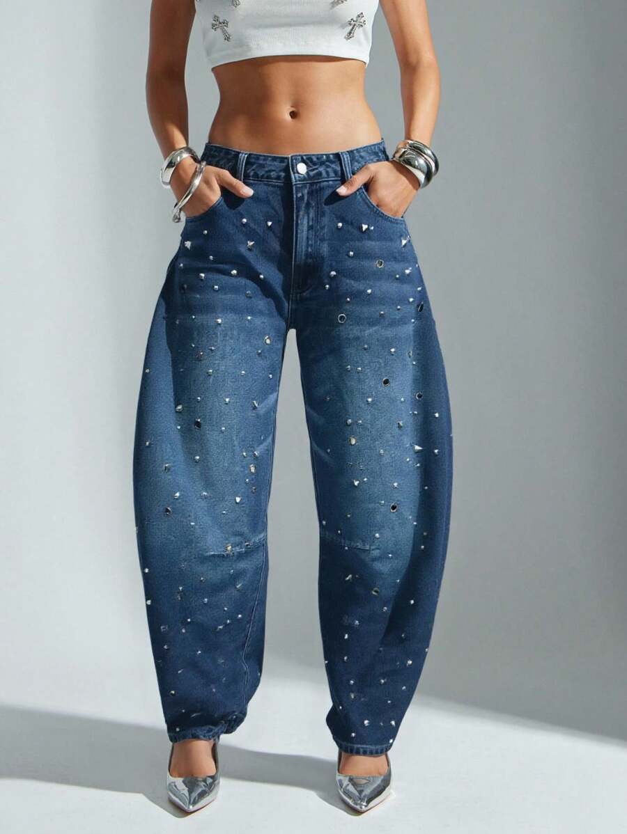 Denimoi Casual Button Pocket Barrel Leg Women Jeans, Suitable For Daily Wear