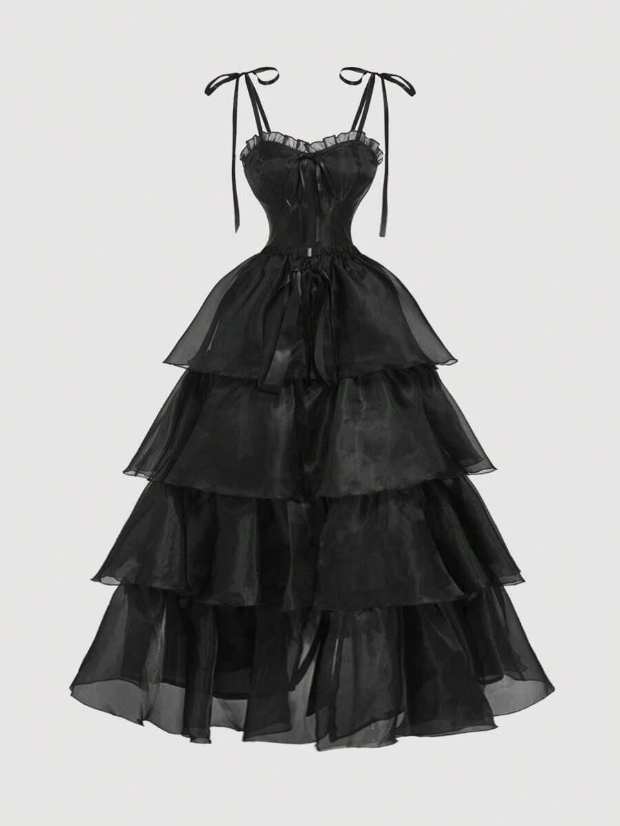 SHEIN MOD 复古黑色华丽二合一连衣裙，配有可拆卸多条裙摆 - 宫廷风、生日礼服、邮轮礼服、叠穿礼服、婚礼宾客礼服