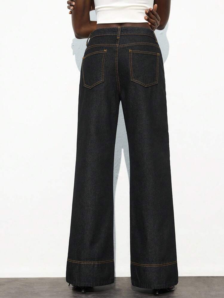 SHEIN Maija Women's Dark Blue Jeans Retro Low Waist Straight Pants Old Money Style Autumn Workplace Women's Clothing