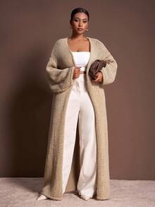 Veslaya 大码女式纯色落肩长袖休闲针织开衫，大码开衫，长款开衫，粗针织开衫，米色开衫，棕色开衫，秋冬季 - 卡其色 - 查看 1