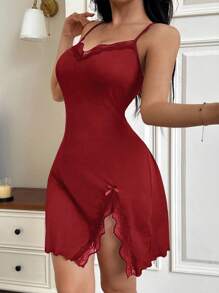 SHEIN 蕾丝边开衩修身纯色女式吊带睡袍 - 紅色 - 查看 4