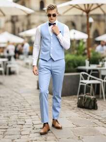 2 Stücke formelle Teenager Jungen Herrenoutfit-Set, einfarbige Kontrast Karomuster Brusttasche taillierter Weste + strukturierte Hose, elegantes Luxuskostüm für Geburtstag, Hochzeit, Hochzeitsgast, Pageboy, Ringträger - Blau - Übersicht 6